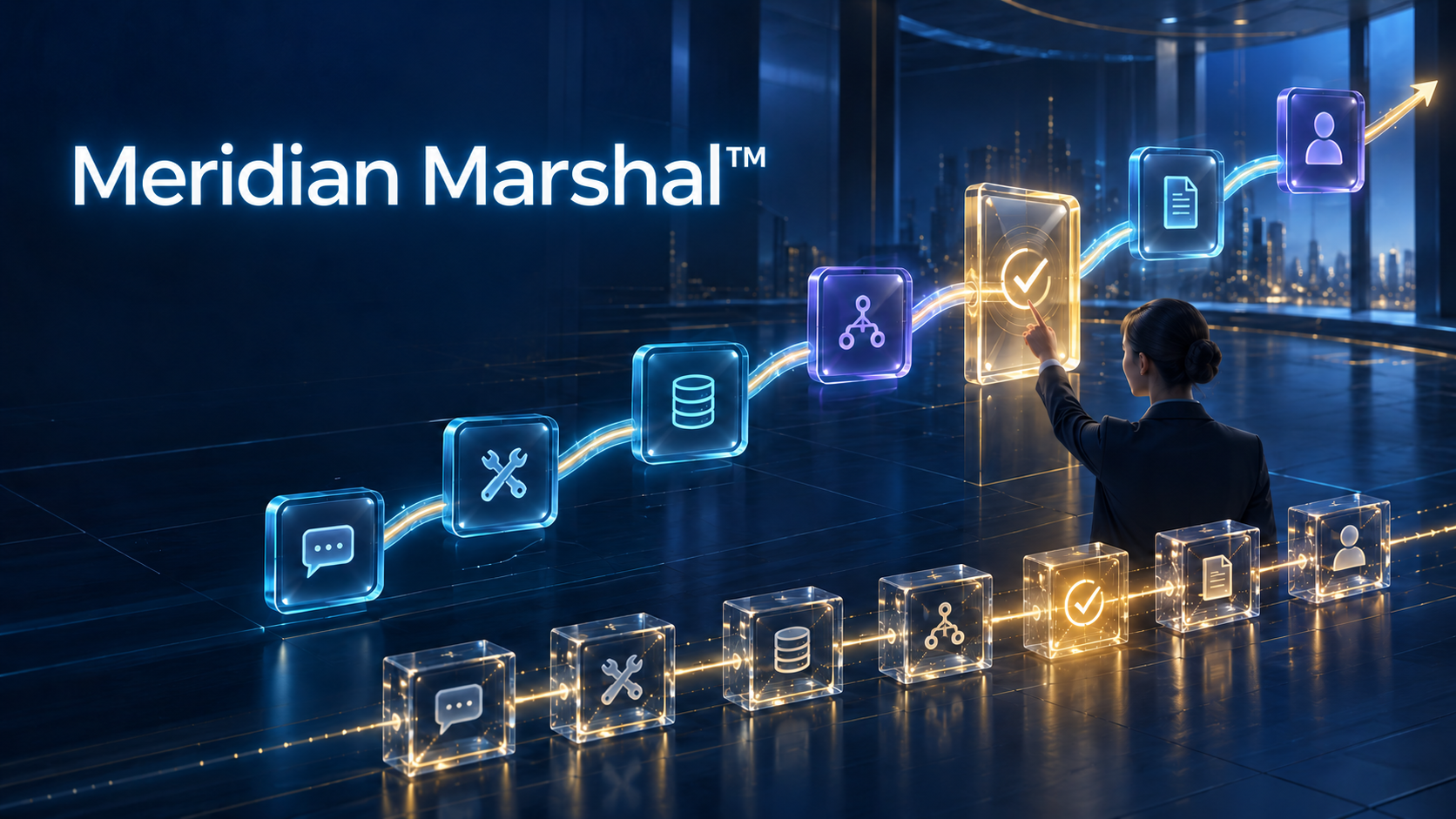 Meridian Marshal artwork — an AI workflow pipeline of chat, tooling, data, and governance steps rising toward a glowing approval checkmark in a boardroom setting