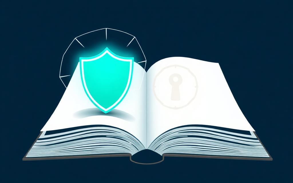 Open playbook with glowing shield representing cybersecurity defense